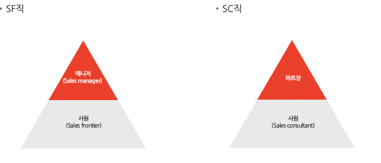 SF직:사원(Sales frontier)-매니저(Sales manager)/SC직:사원(Sales consultant)-파트장